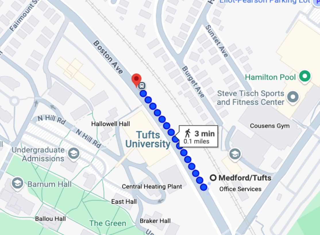 Map showing distance from bus stop to train station.